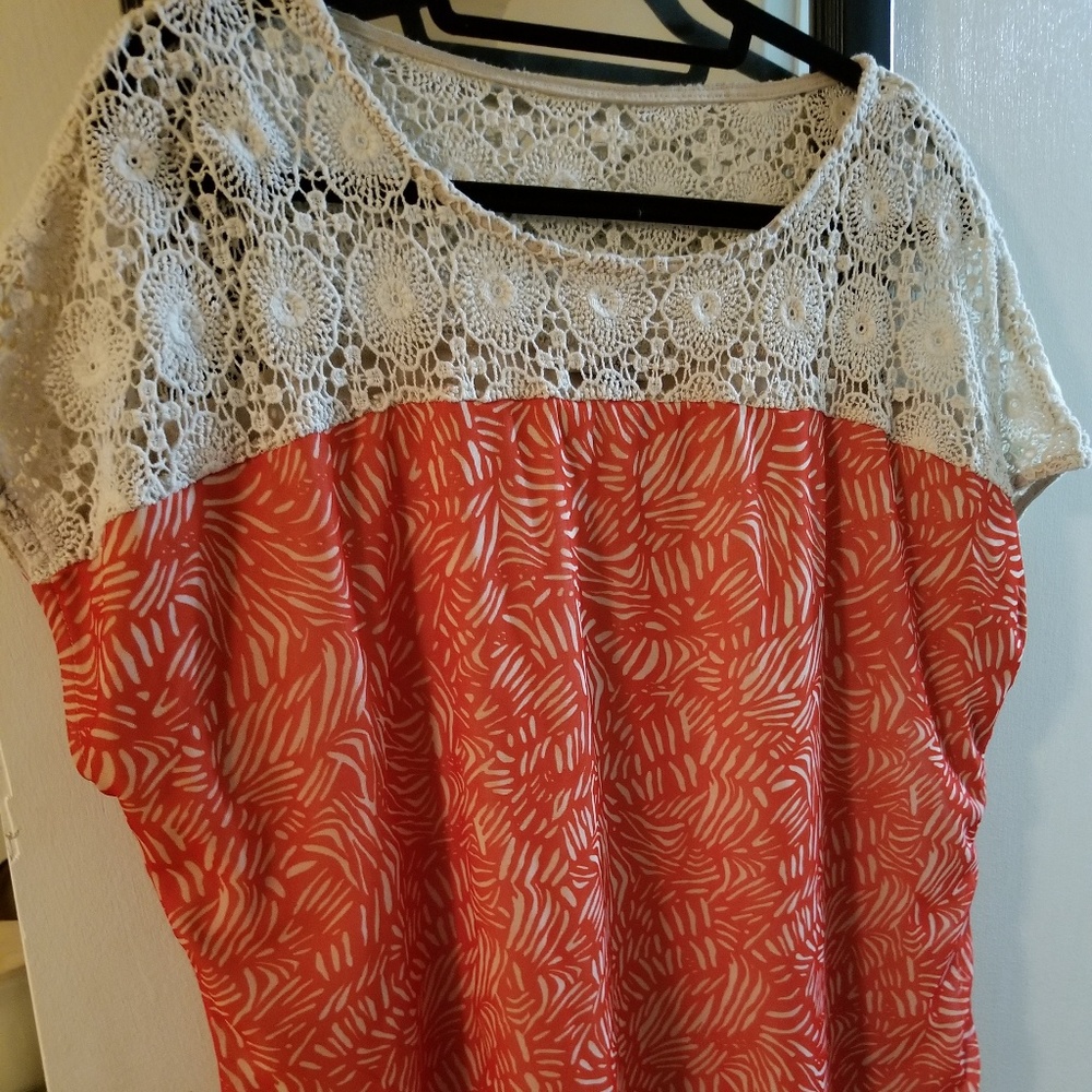 Crochet Shoulder Coral Blouse